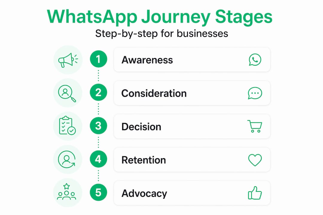 Infographic showing five WhatsApp journey stages