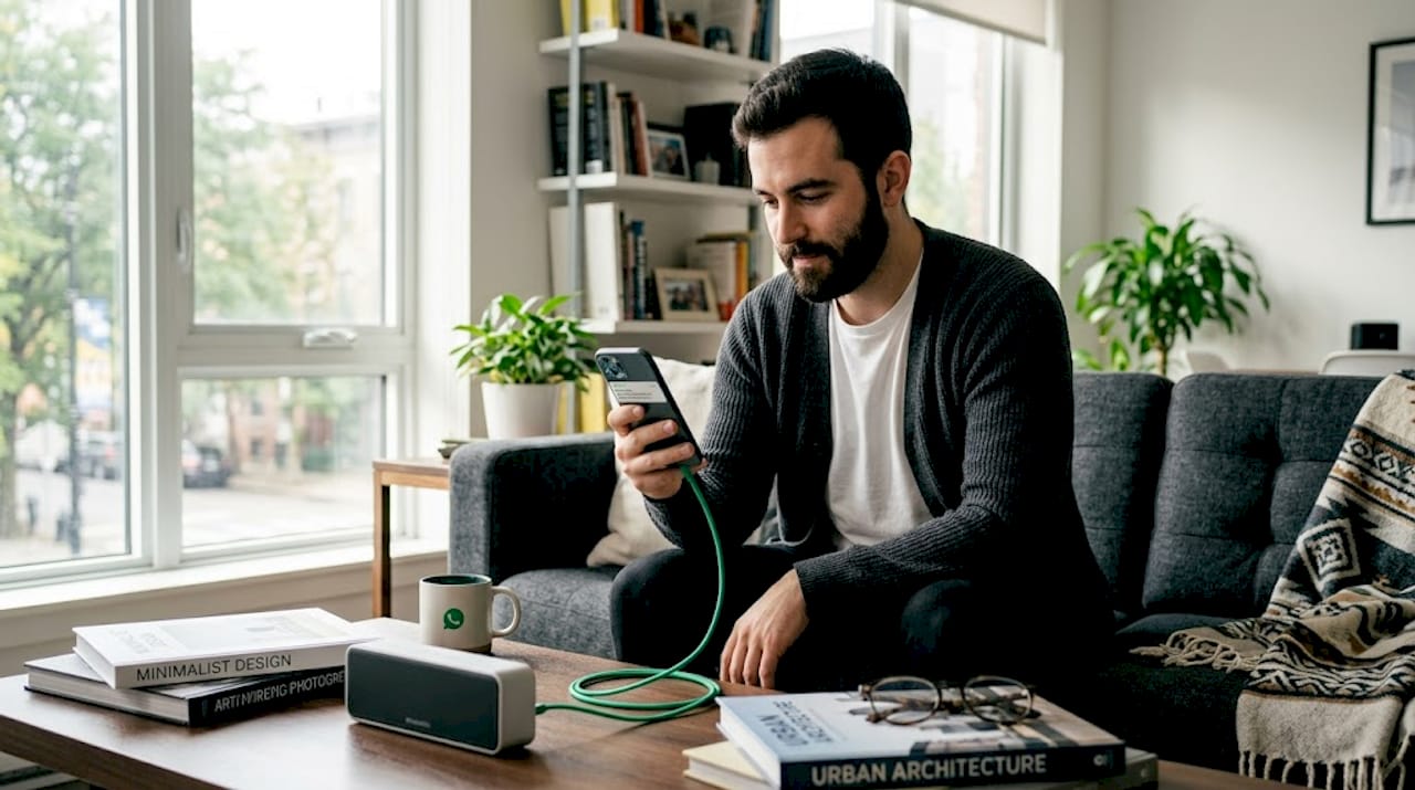 Man checking multiple WhatsApp messages at home