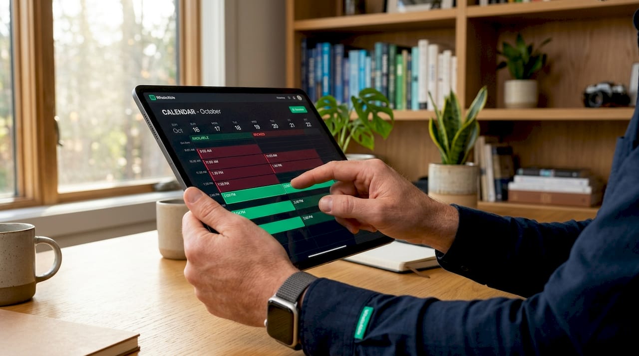 Hands locking calendar slot on tablet