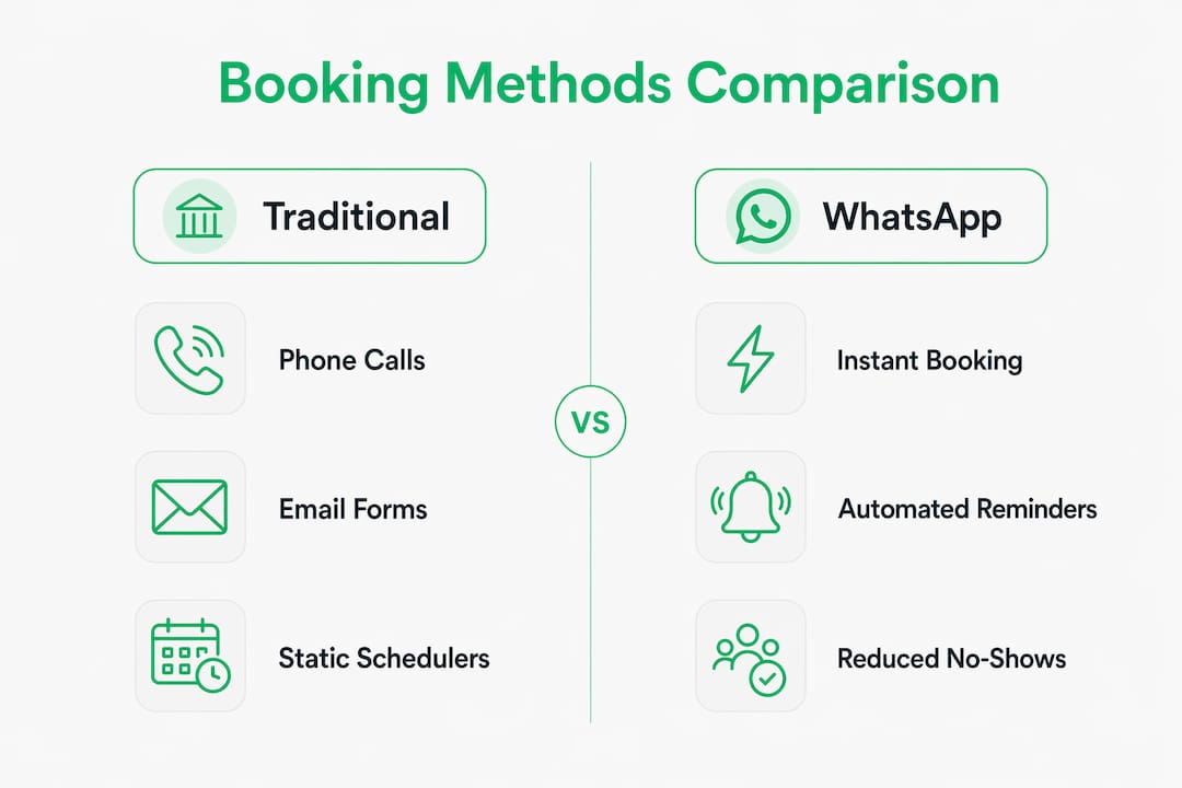 Infographic comparing traditional and WhatsApp booking methods