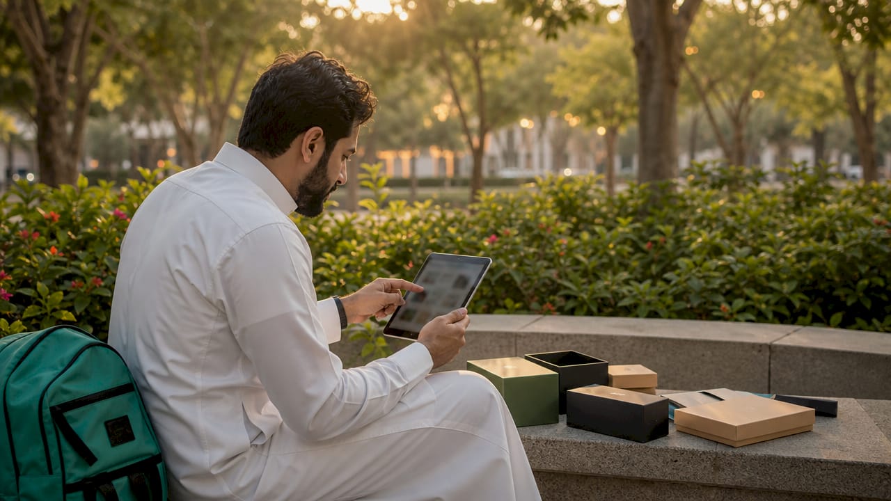 Saudi man browsing product catalog for WhatsApp commerce