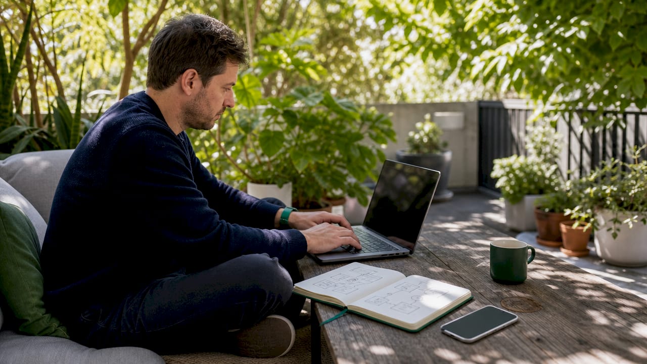 Hands typing WhatsApp Business workflow on laptop