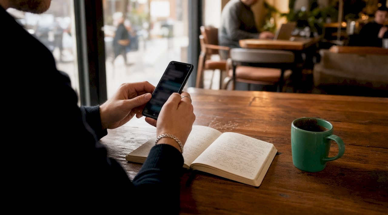 Hands holding WhatsApp phone with home workspace overhead