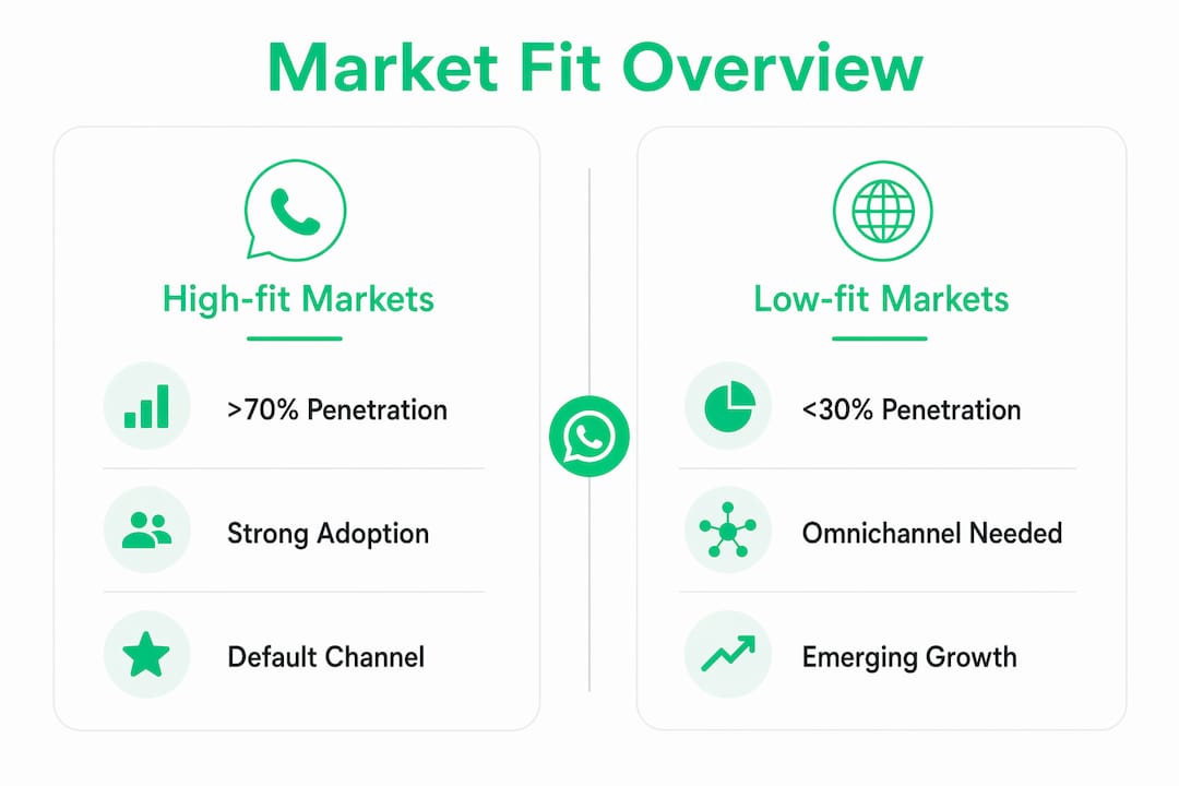 Infographic comparing high-fit and low-fit WhatsApp markets