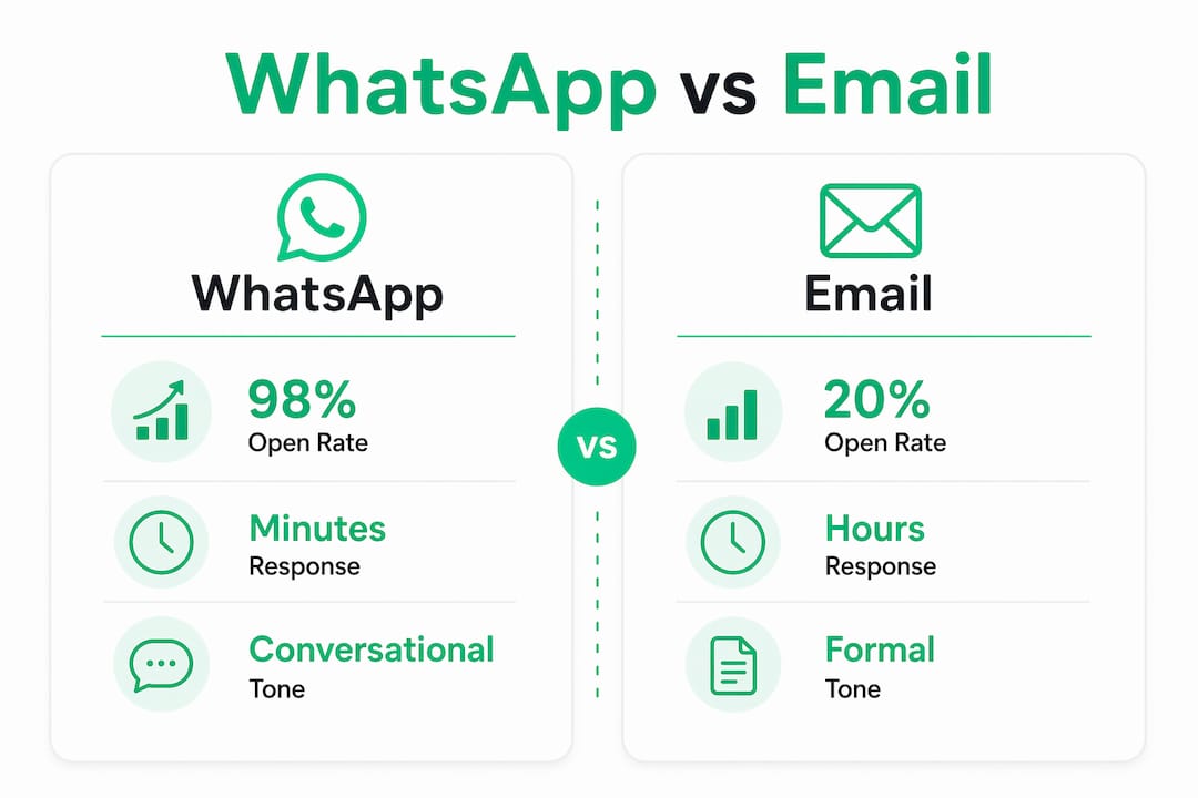 Infographic comparing WhatsApp and email for deal closing