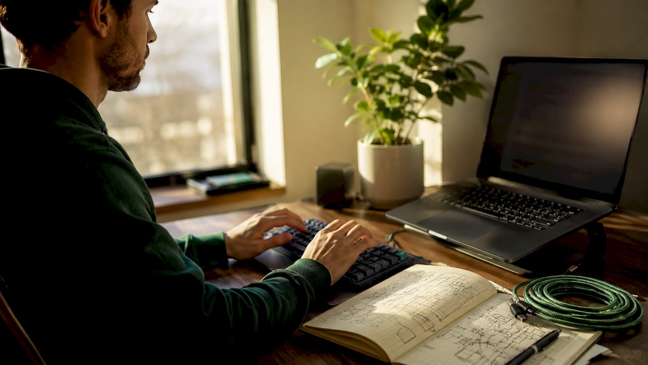 Hands typing on keyboard with message routing screens
