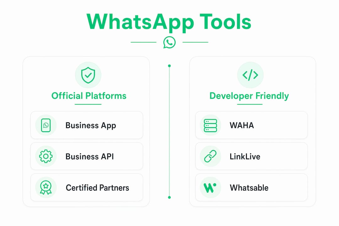 Infographic comparing official and developer WhatsApp tools