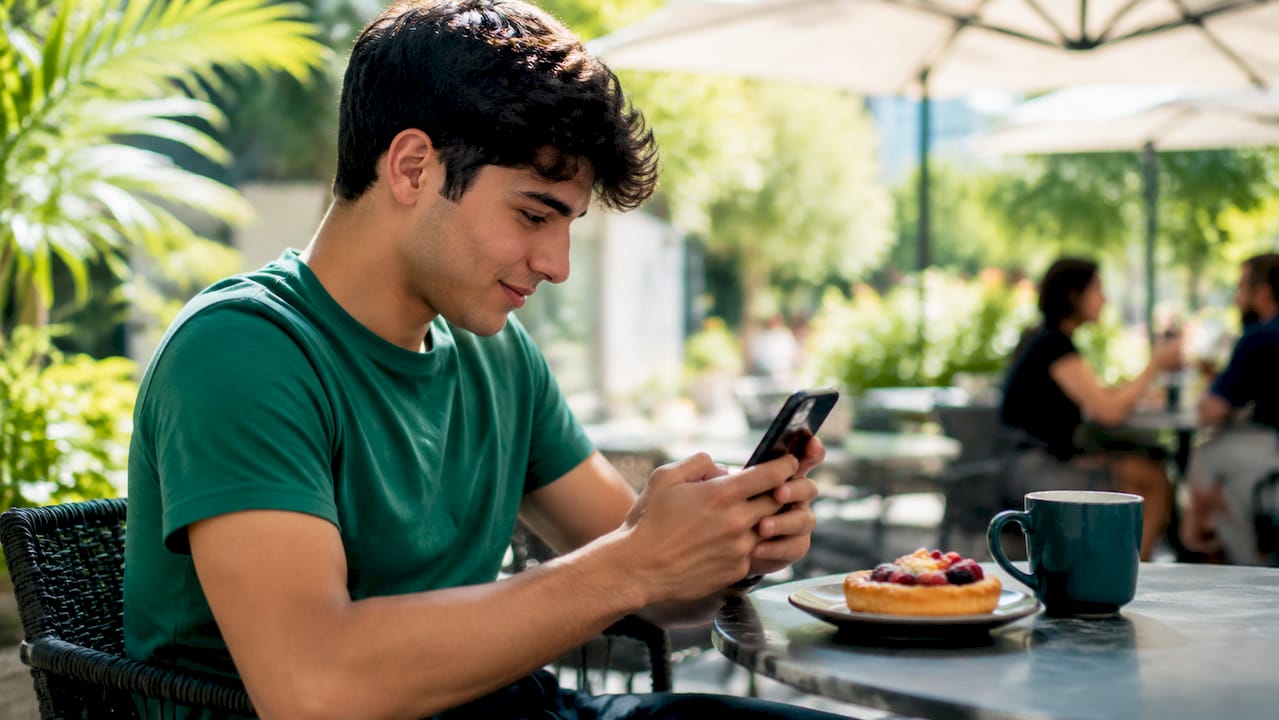 Hands scrolling WhatsApp in European café