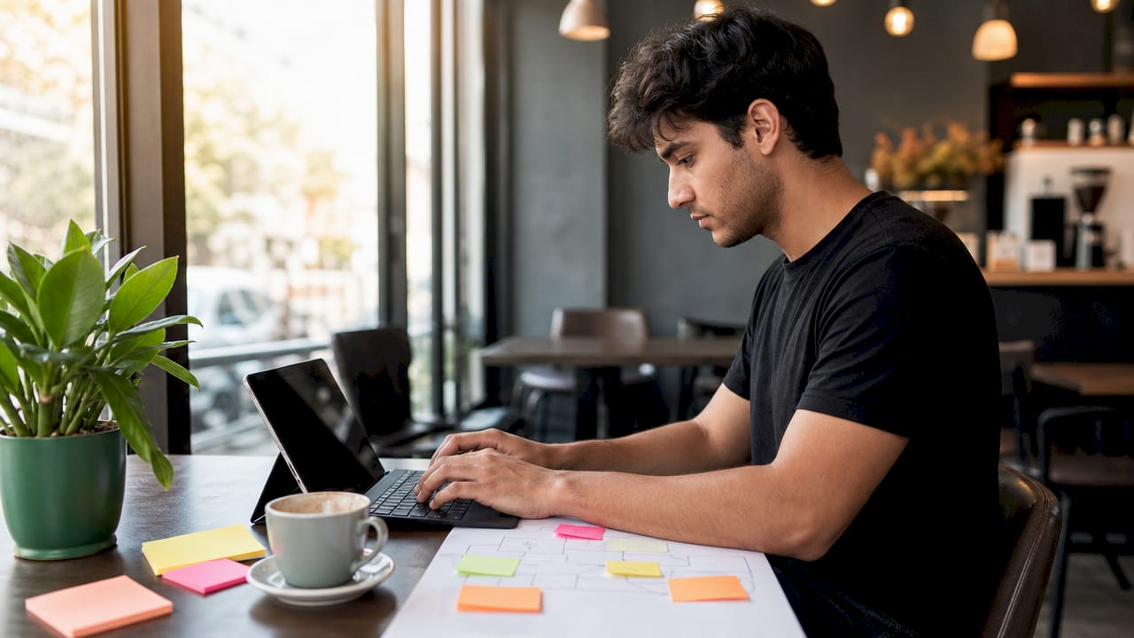 Hands typing near workflow diagrams on desk