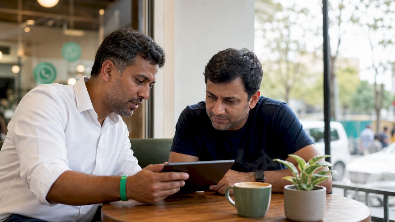 Two men reviewing CRM WhatsApp message flow on tablet