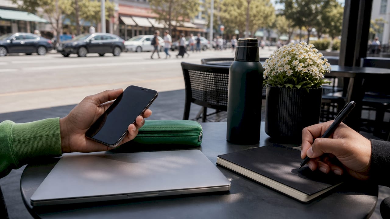 Hands documenting customer follow-up on smartphone and notebook