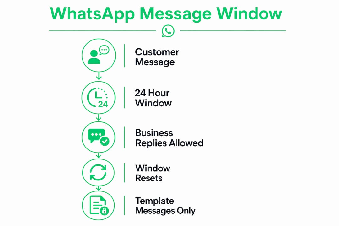 Infographic illustrating WhatsApp 24-hour message window flow
