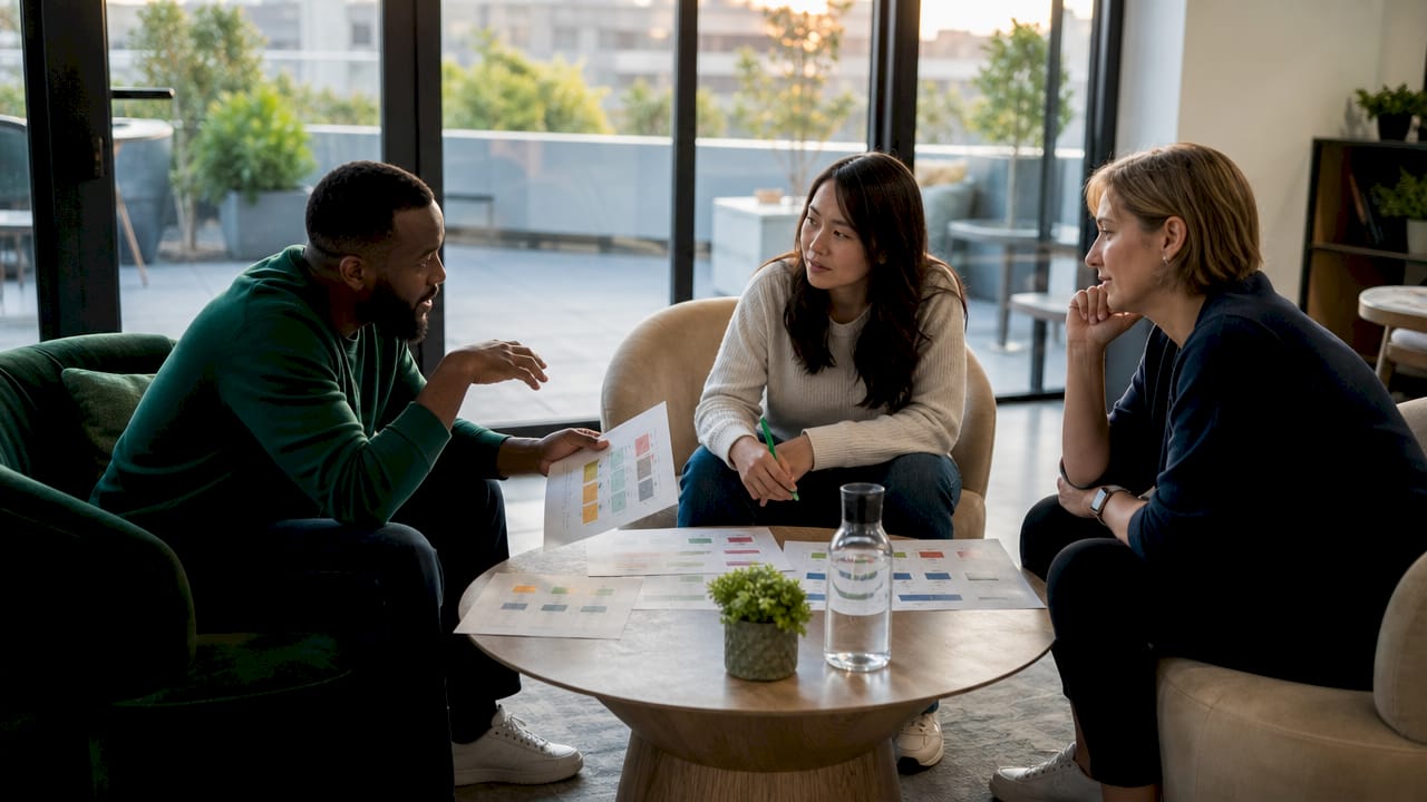 Team reviewing WhatsApp label lifecycle charts