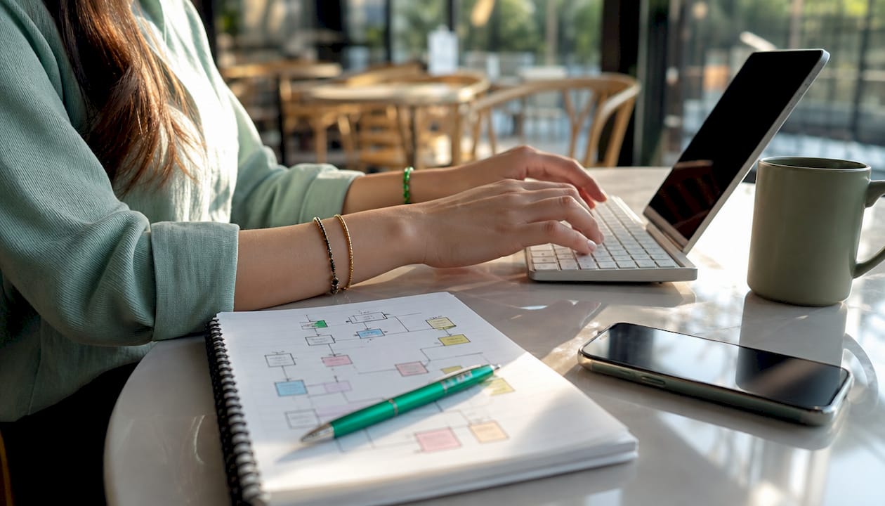Hands typing with flow diagram notes nearby