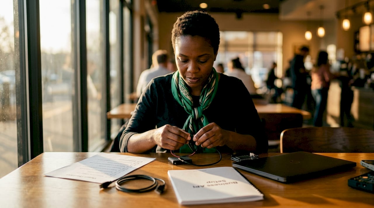 Hands working on WhatsApp API setup documents.