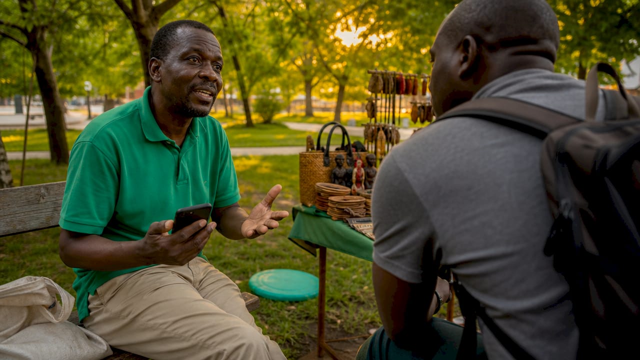 Salesman using smartphone at outdoor market stall