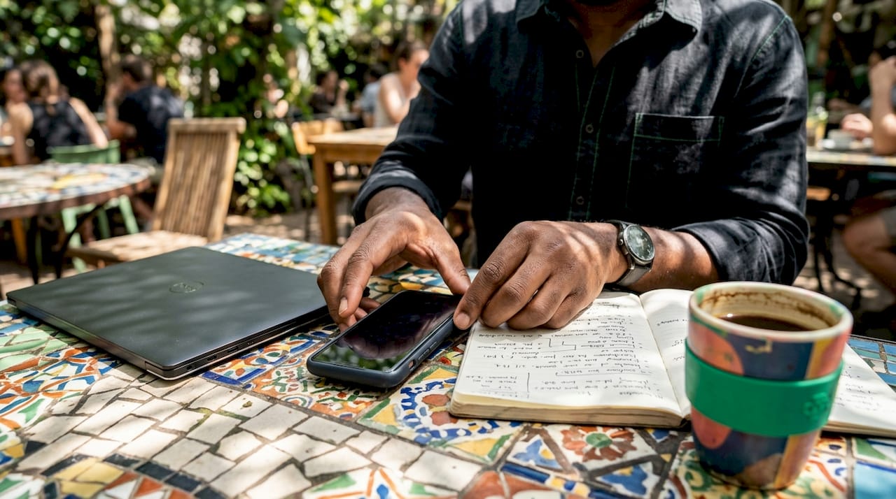 Hands adjusting smartphone over Make.com workflow notes