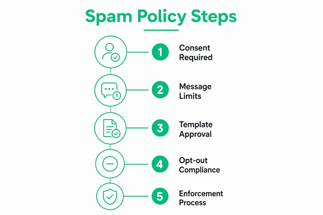 Infographic outlining key WhatsApp spam policy steps for businesses
