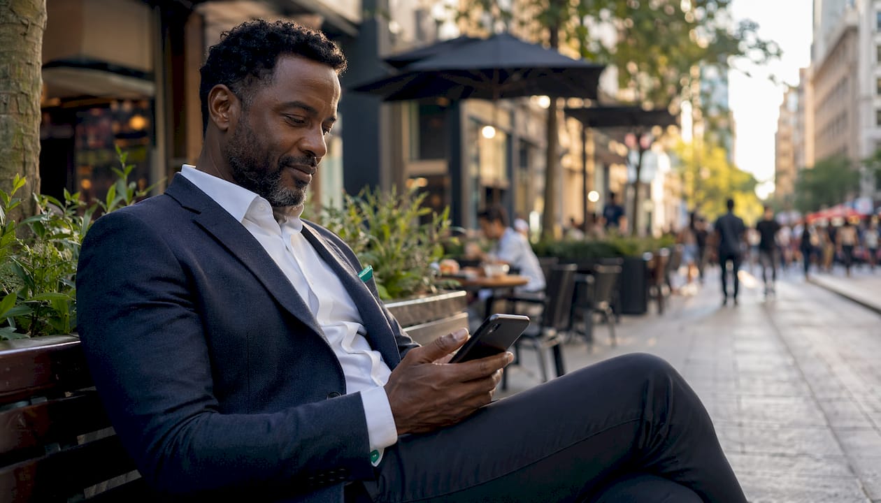 Man reading WhatsApp messages in office lounge