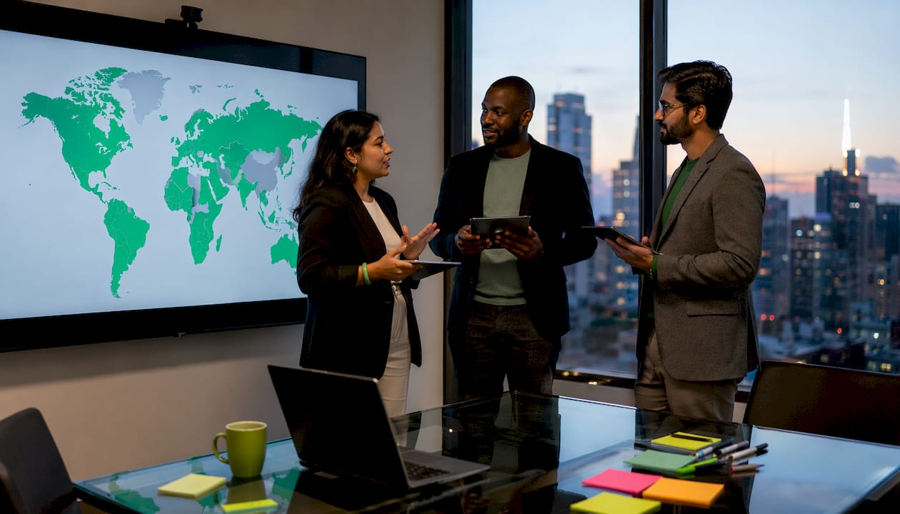 Diverse group discussing WhatsApp global usage in office
