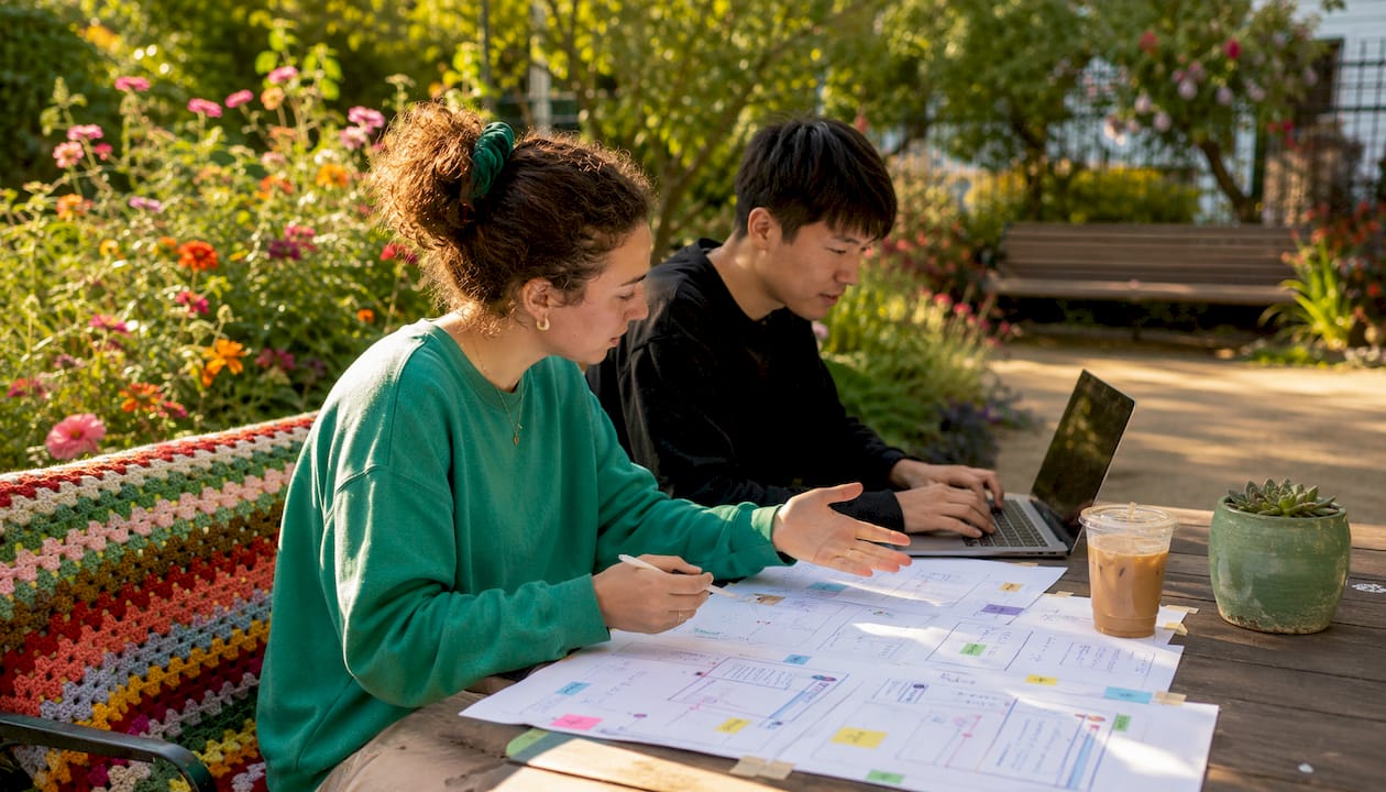 Two people collaborating on interface design sketches