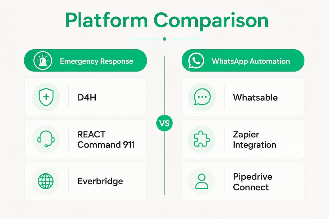 Infographic comparing emergency response vs WhatsApp automation platforms