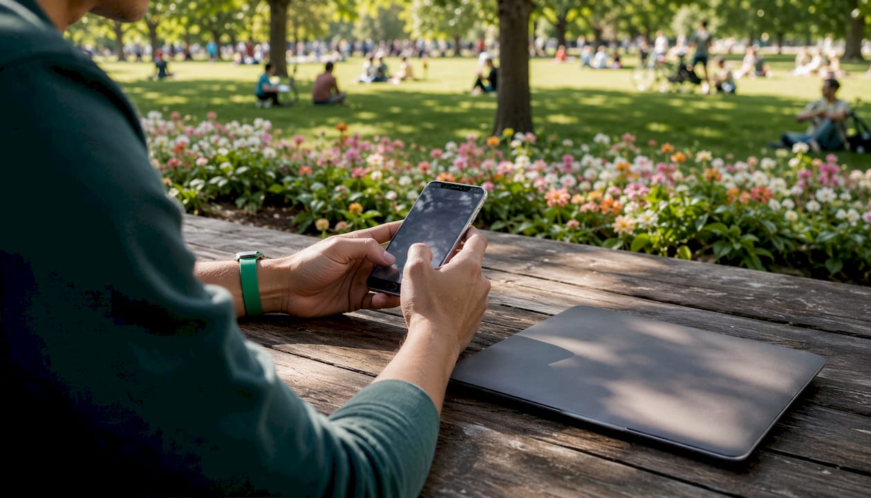 Overhead hands typing WhatsApp upsell message in café