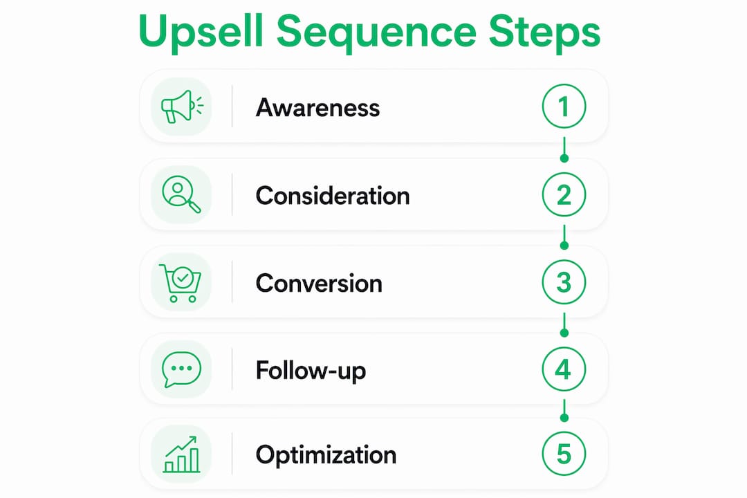 Infographic showing WhatsApp upsell sequence steps