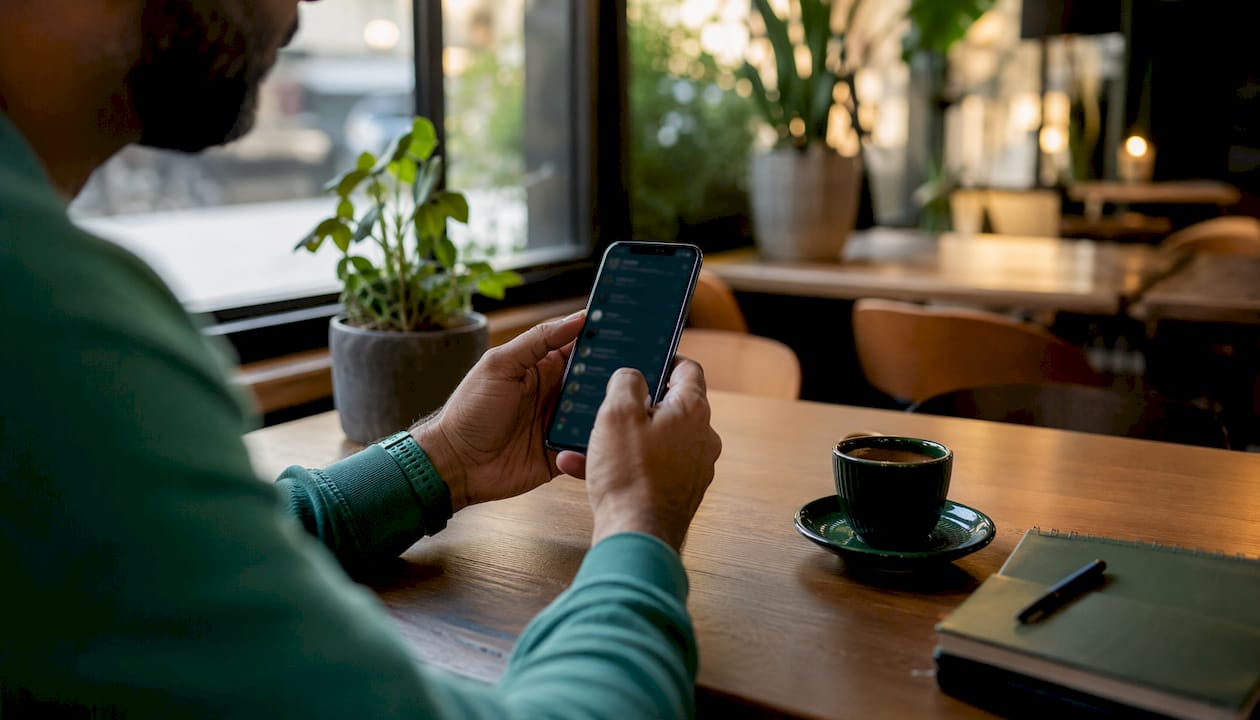 Close-up of hands scrolling WhatsApp messages on phone