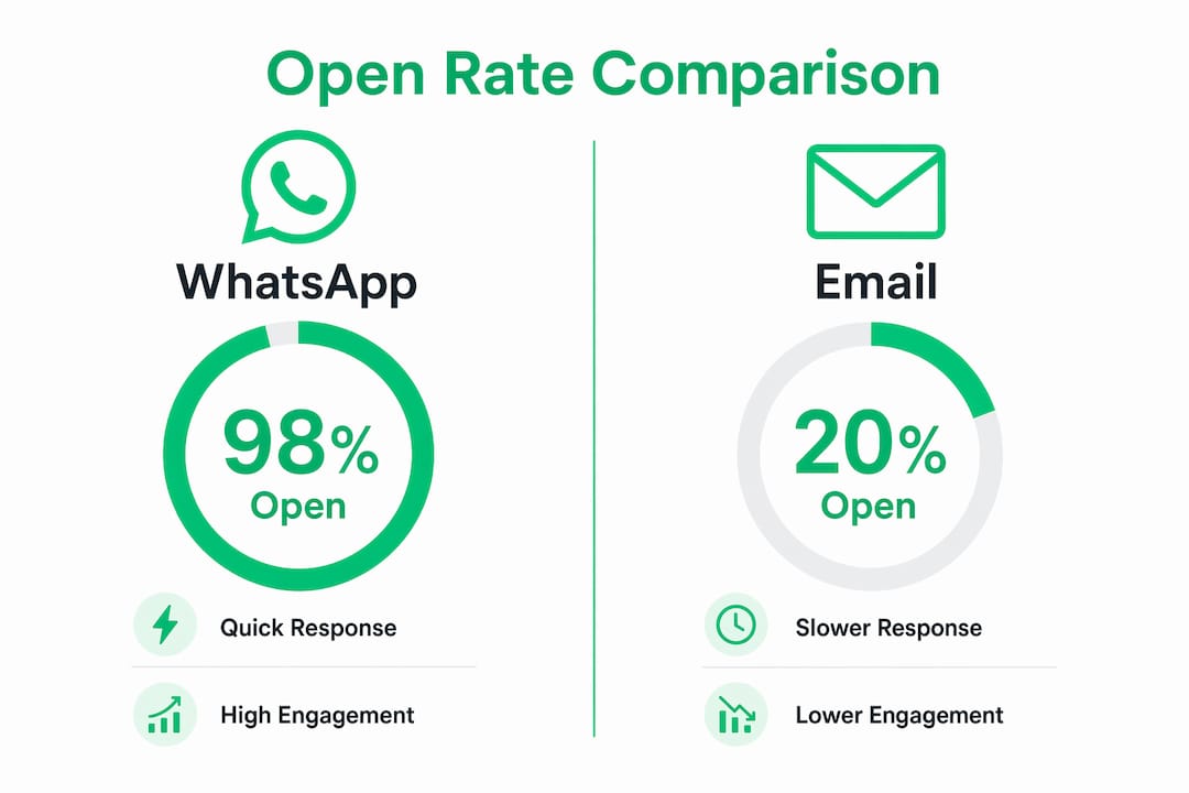 Infographic comparing WhatsApp and email open rates