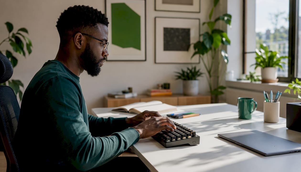 Hands typing on keyboard in corporate meeting room