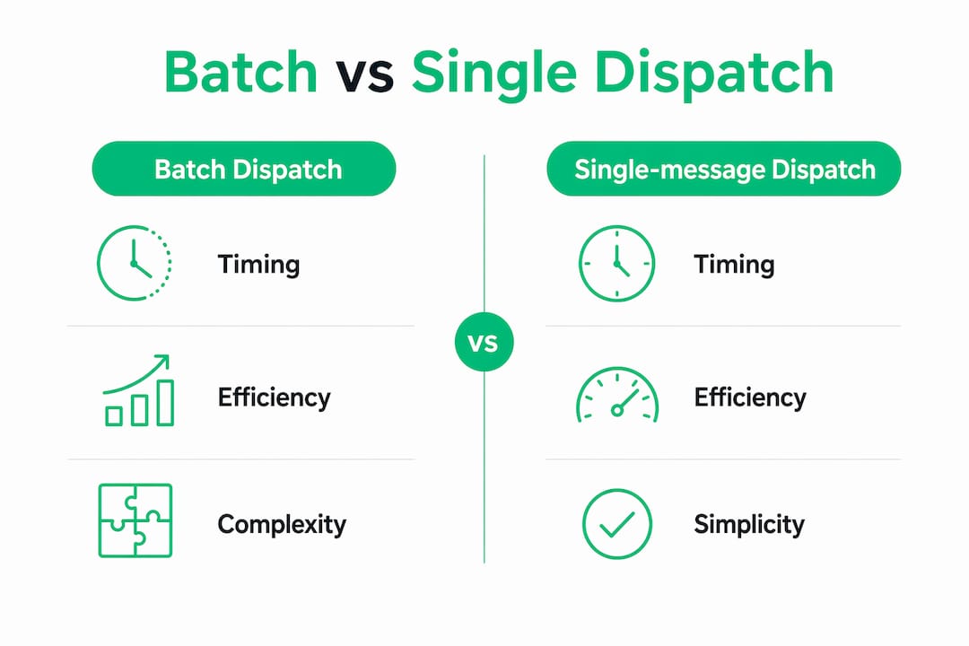 Infographic comparing batch and single-message dispatch methods