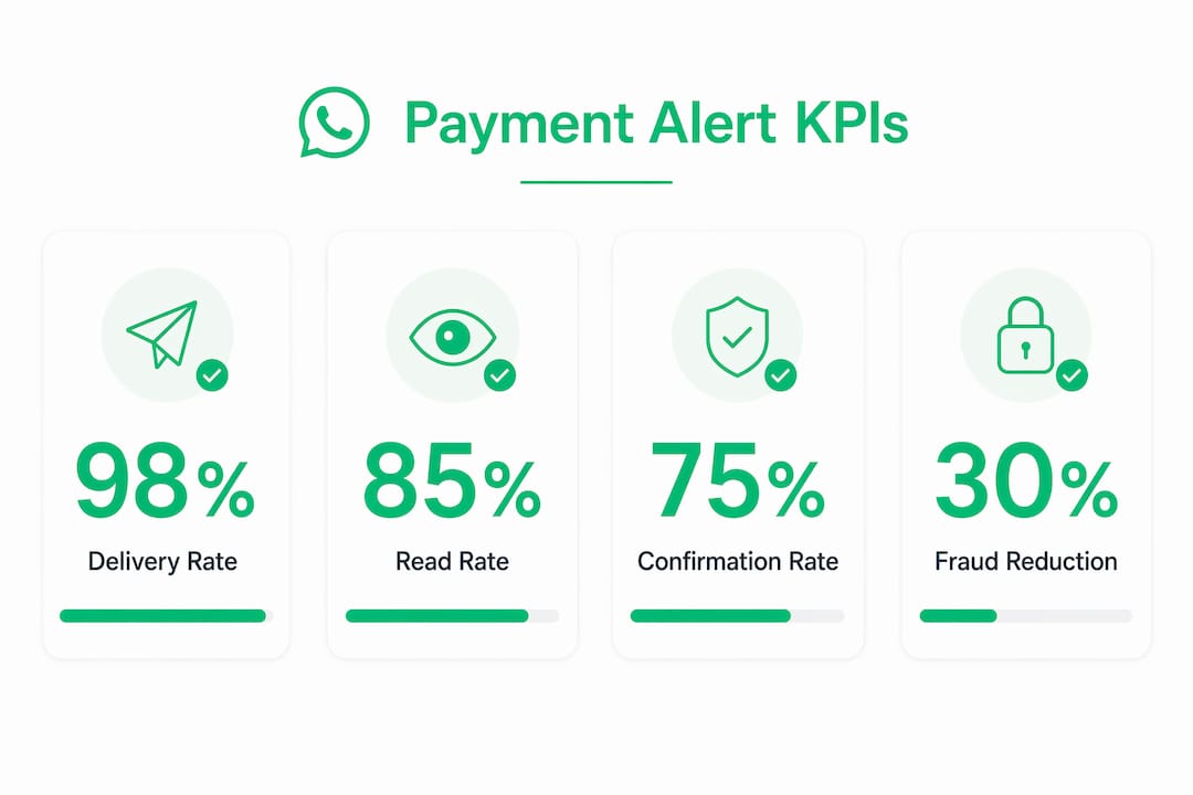 Infographic showing key performance metrics for WhatsApp payment alerts
