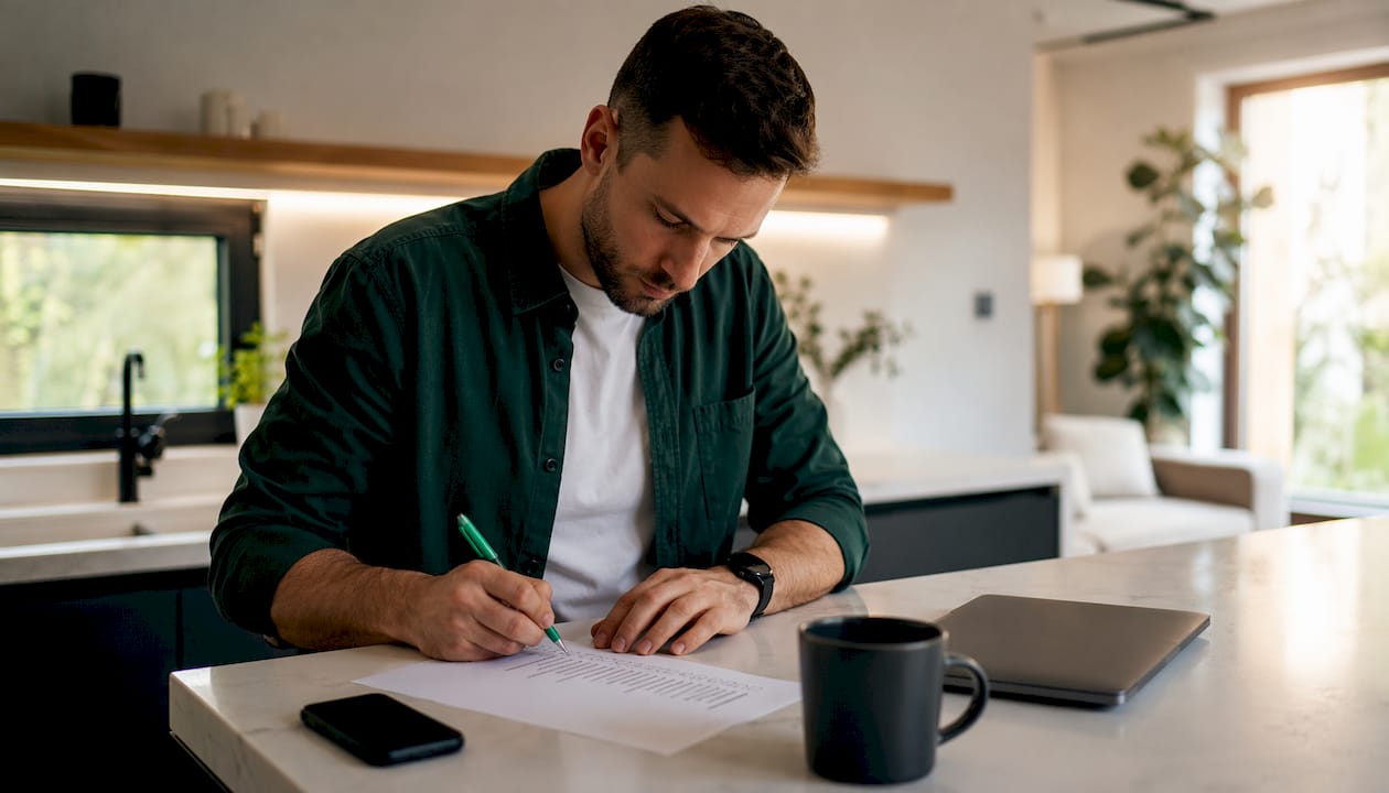 IT specialist preparing migration checklist overhead view