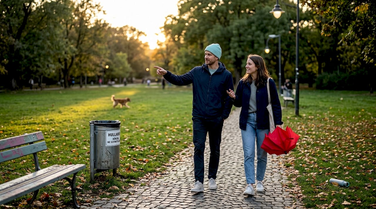 Egy szerelmespár sétál az esti parkban, élvezve a nyugodt, hangulatos légkört.