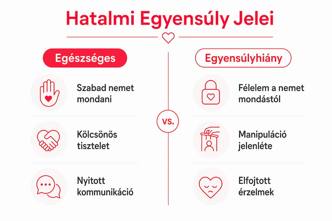 Infografika a hatalmi viszonyok egyensúlyának tipikus jeleiről – mikor van harmónia, és mikor billen fel az egyik oldal.