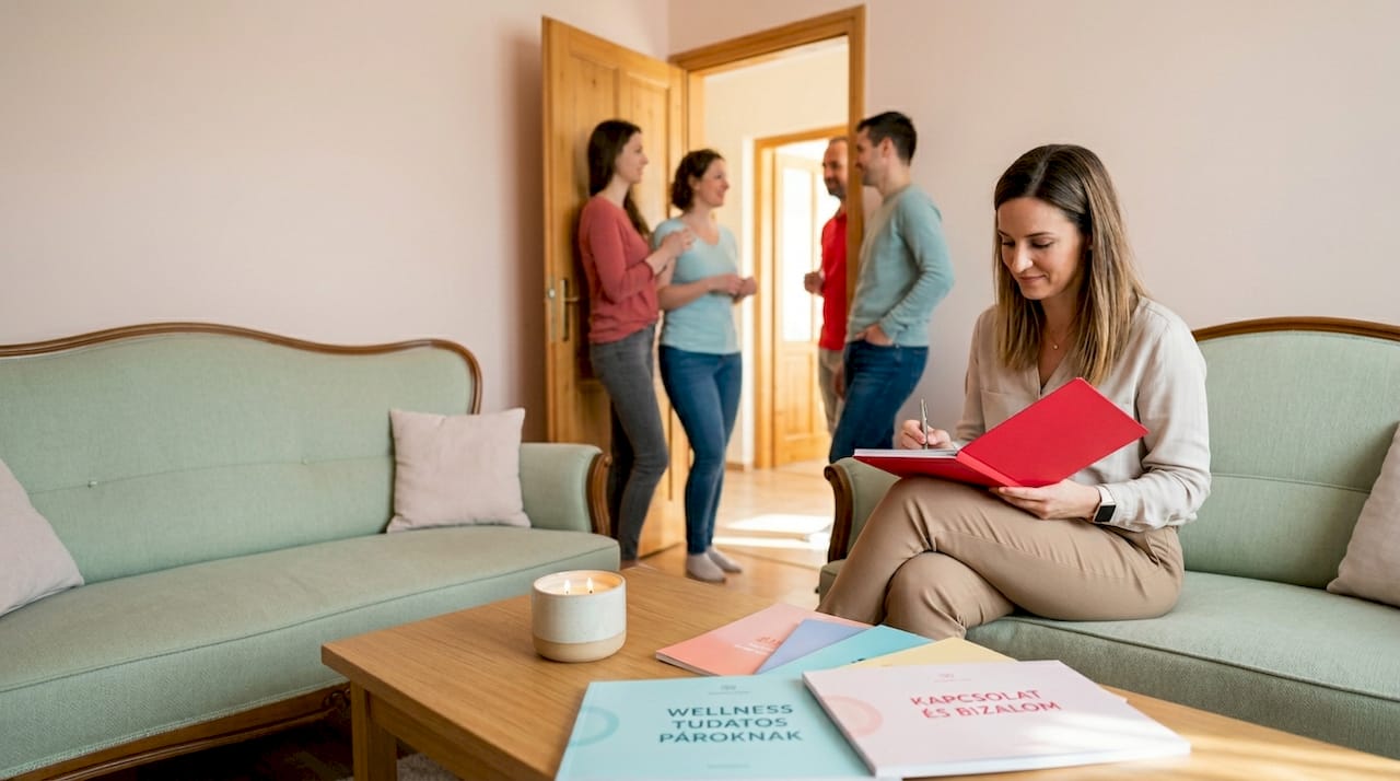 A terapeuta jegyzeteket készít a csoportfoglalkozáson egy barátságos, otthonos hangulatú szobában.