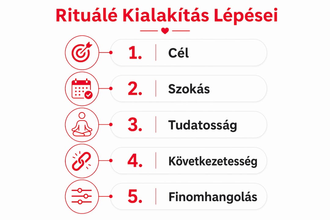 Infografika a rituálék létrehozásának lépéseiről – egyszerűen és érthetően bemutatva, hogyan építhetünk fel egy saját szertartást lépésről lépésre.
