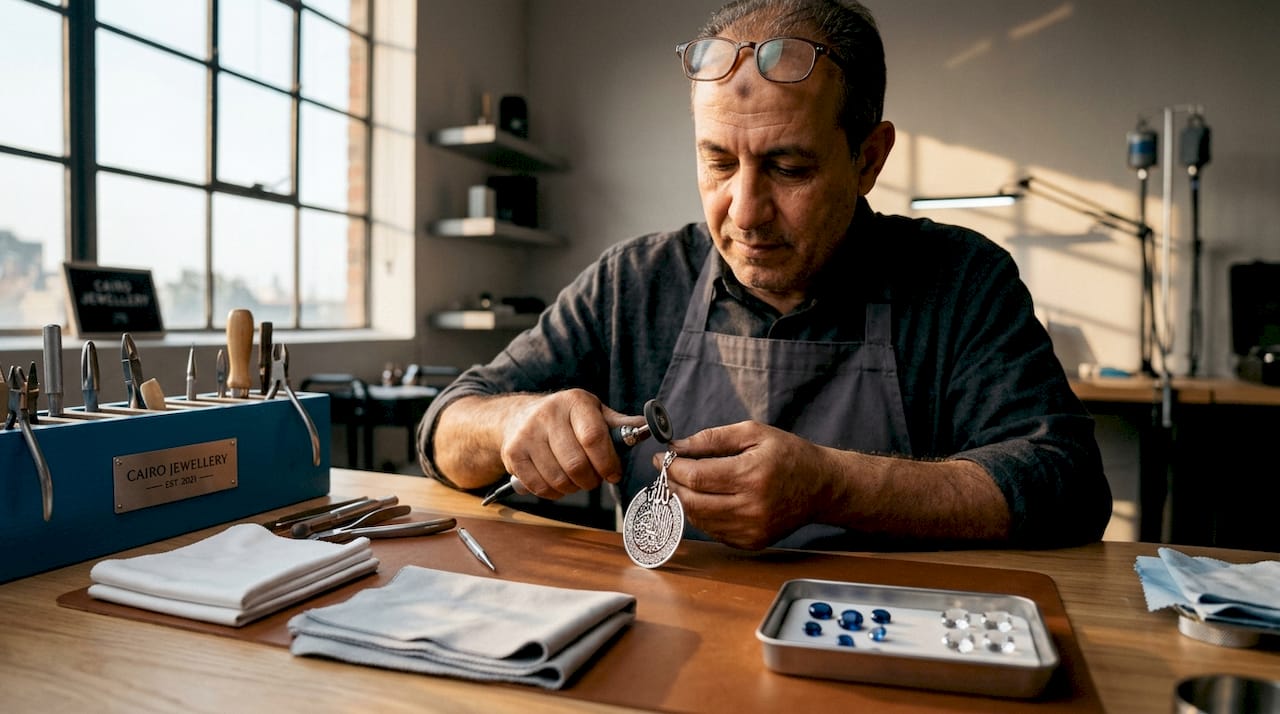 Jeweler polishing Ayatul Kursi pendant