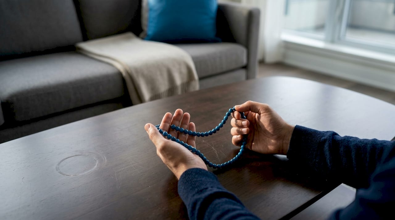 Hands counting tasbih beads for remembrance