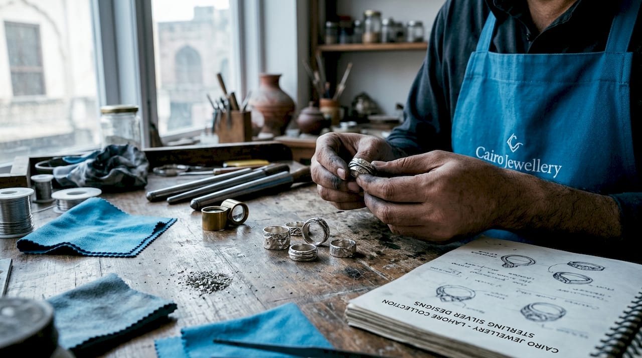 Jeweler polishing handmade sterling silver rings