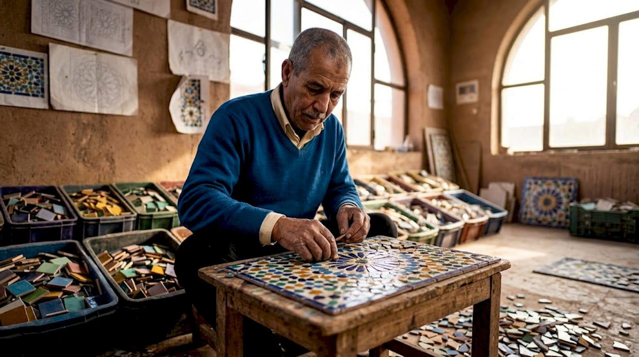 Moroccan craftsman assembling zellige tiles