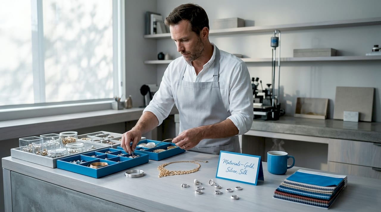 Jeweler sorting materials in sunlit studio
