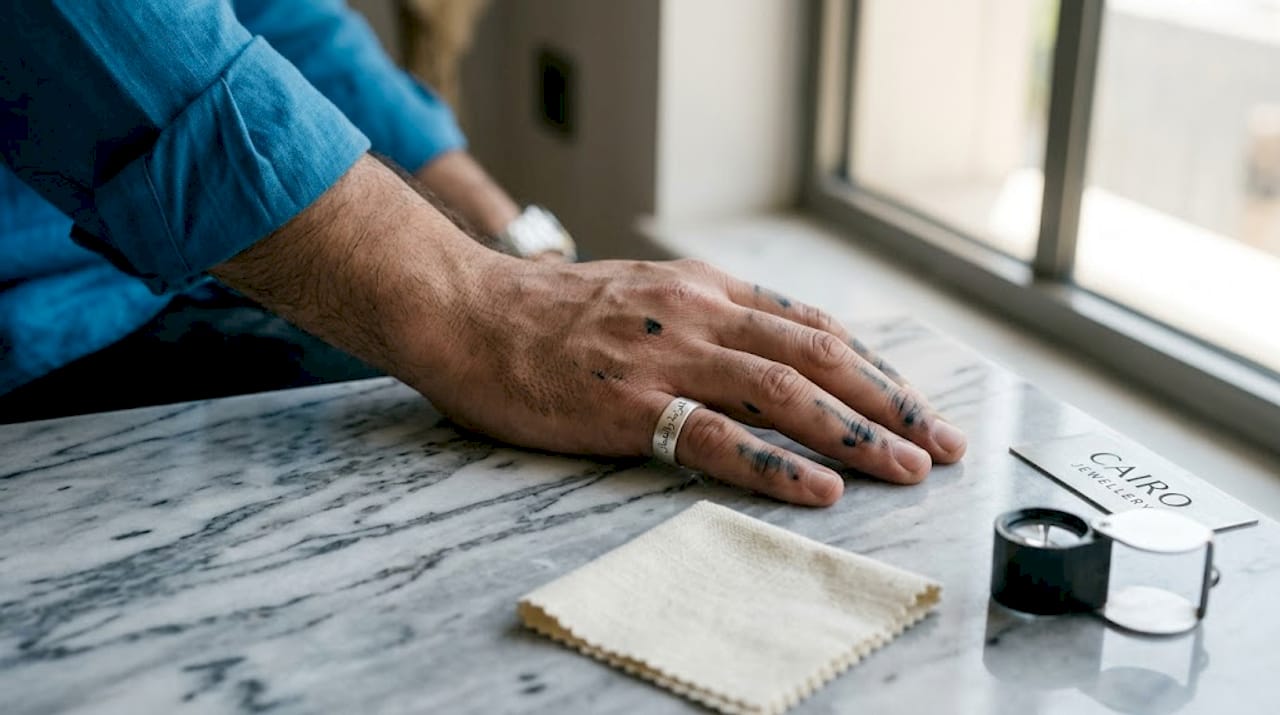 Hand with silver Islamic ring and calligraphy