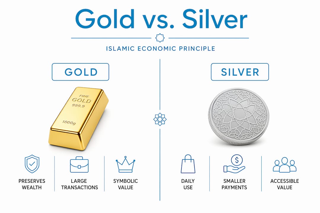 Split infographic comparing gold versus silver