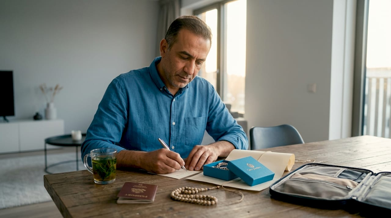 Man preparing Islamic jewelry gifts for pilgrimage