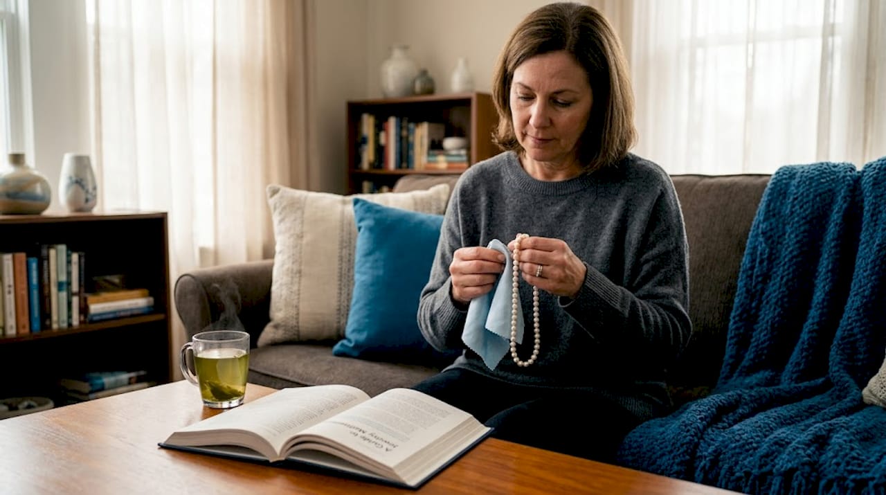 Woman cleaning Islamic pearl necklace at kitchen table