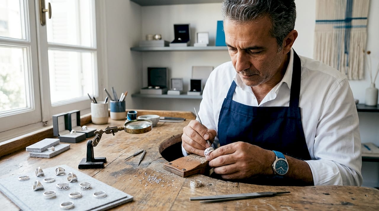 Jeweler engraving Arabic script on silver ring