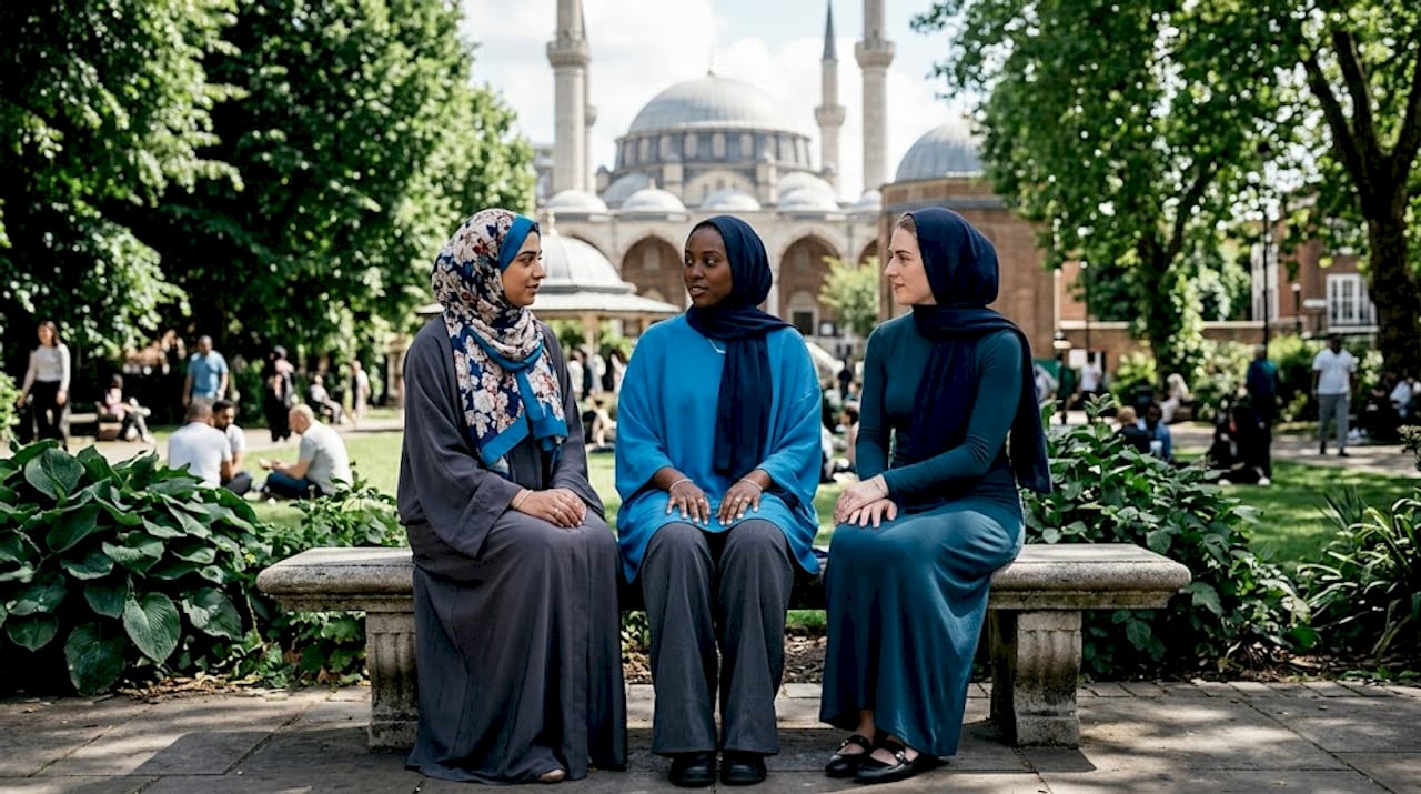Diverse modest fashion styles outside mosque