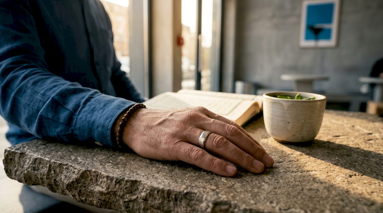Muslim man's hand with single silver ring